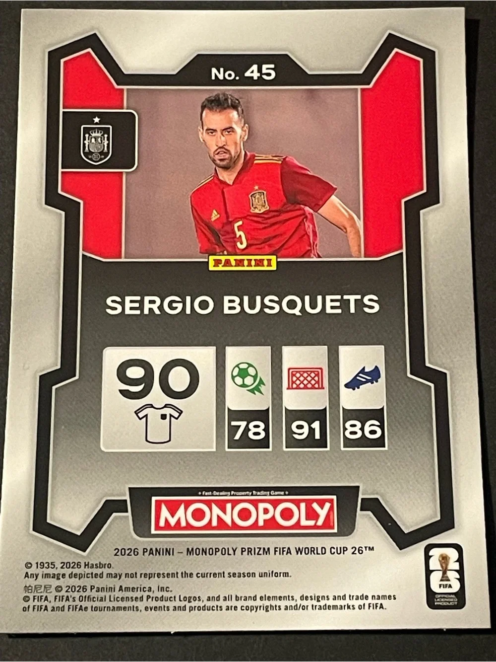Panini 2026 Prizm Monopoly FIFA World Cup Sergio Busquets Spain #45 Base Card